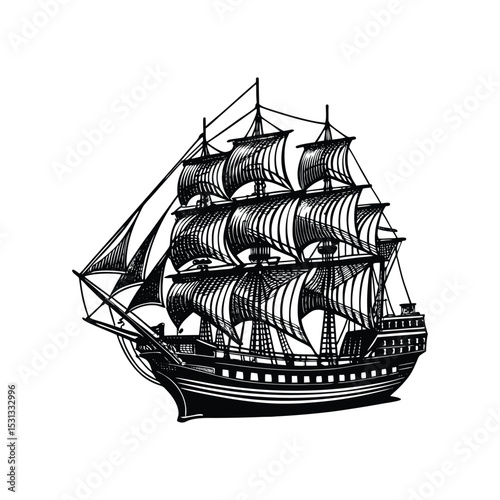 A Vintage engraving-style illustration of a large sailing ship silhouette design.