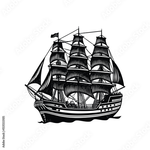 A Vintage engraving-style illustration of a large sailing ship silhouette design.