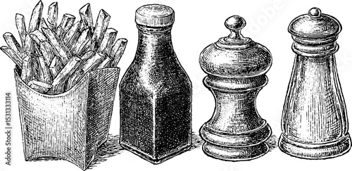 Classic fast food elements: french fries, ketchup bottle, pepper mill, and salt shaker illustration