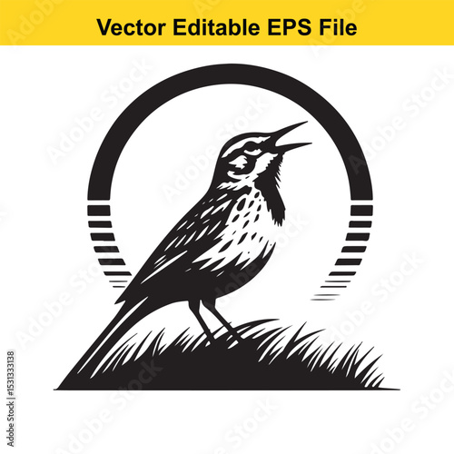 Black and white vector illustration of a bird singing in a field