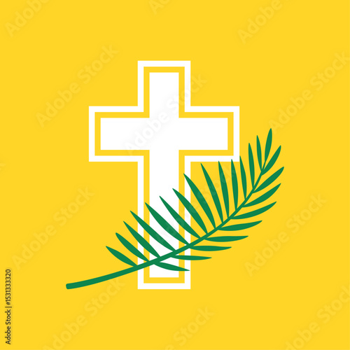 Palm Sunday Christian Cross with Palm Leaf on Yellow Background – Religious Easter Symbol Illustration