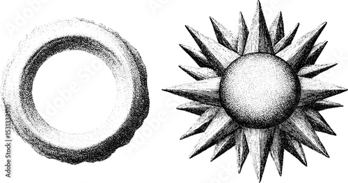 Artistic black and white gestural dash with broken radial patterns for design
