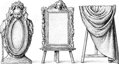 Ornate gilded picture frames and easel silhouettes for artistic display design