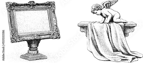 Vintage gilded picture frame and easel with angel sculpture silhouette for art design