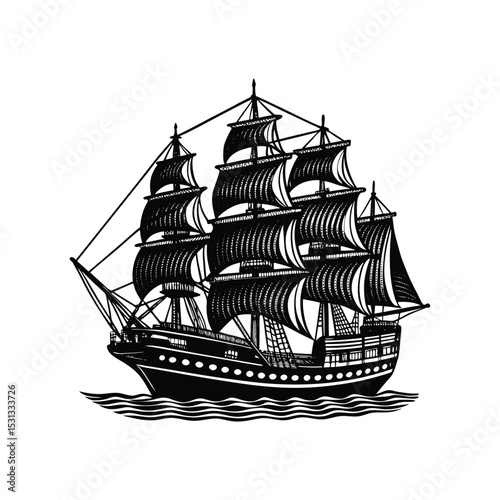 A Vintage engraving-style illustration of a large sailing ship silhouette design.