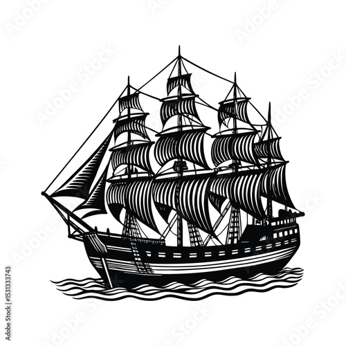 A Vintage engraving-style illustration of a large sailing ship silhouette design.