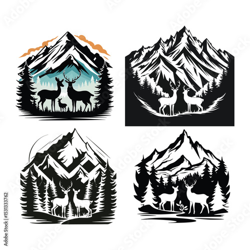 Silhouette designs featuring majestic deer in a mountainous landscape within a rustic outdoor theme