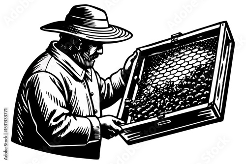 Beekeeper Inspecting Honeycomb Frame Vintage Illustration, beekeeper, honeycomb, honey, bees, cells, passion, labor, resolution, detailed, skill, effort, picture, quality, profession, study, process, 