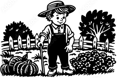 Young Farmer in Autumn Garden Black and White Illustration, boy, farmer, garden, pumpkin, autumn, memories, landscaping, nostalgia, serene, quiet, aesthetic, picture, clipart, joyful, lovely, peaceful