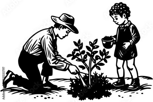 Father and Child Planting a Sapling A heartwarming illustration of environmental responsibility, father, child, planting, sapling, tree, responsibility, helping, sustainability, touching, hope, togeth