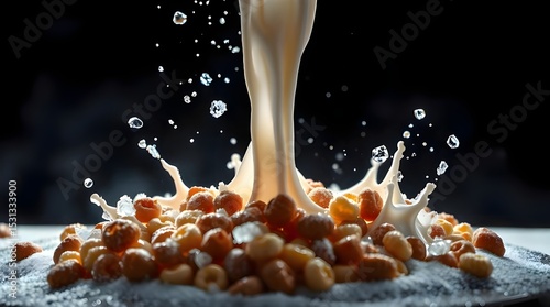High-resolution stock photo, intense dramatic lighting, cereal and milk splashing frozen, high contrast, commercial quality 