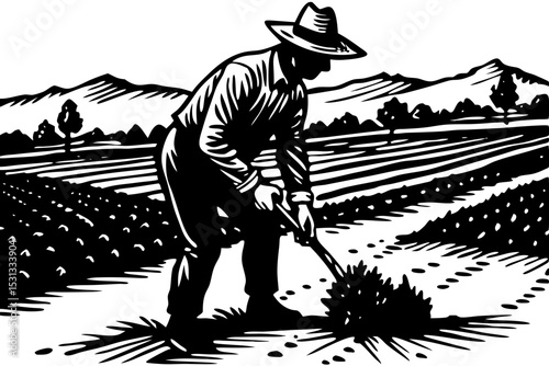 Farming Illustration A Black and White Depiction of Rural Life, farmer, farming, agriculture, rural, serene, labor, quiet, aesthetic, effort, picture, stock, monochrome, clipart, peaceful, hard, livin