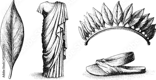 Grecian inspired draped gown with laurel leaf and headpiece design elements