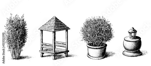 Rustic garden design elements with green roof gazebo and bamboo planter