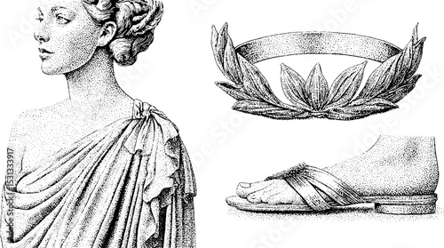 Grecian inspired fashion with draped gown laurel wreath and sandal design