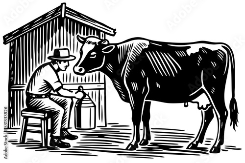 Farmer Milking Cow Rustic Black and White Illustration, farmer, cow, milking, rustic, serene, aesthetic, picture, stock, peaceful, clip, setting, sketch, artwork, product, print, farming, poster, grap