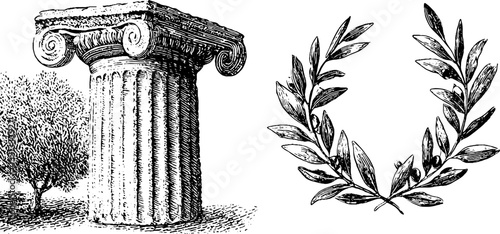 Ancient greek column, laurel wreath, and olive tree for classical design theme