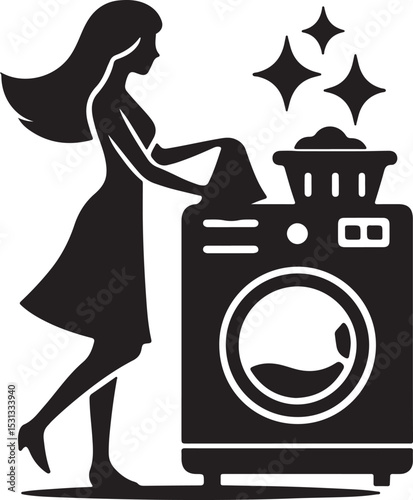 Silhouette of woman doing laundry with washing machine basket and sparkling clean clothes