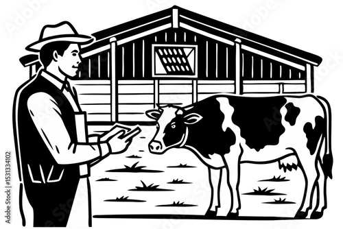 Farmer Examining Cow in Barn Agriculture Illustration, farmer, cow, barn, agriculture, sustainable, minimalist, ranch, picture, monochrome, production, sketch, land, farming, animals, graphic, livesto