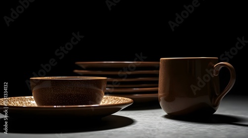 Photograph, low-angle view of brown speckled ceramic dinnerware set. Chiaroscuro lighting, dramatic, strong contrasts, deep shadows 