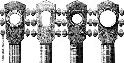 Vintage guitar headstocks and tuning pegs collection for musical instrument design