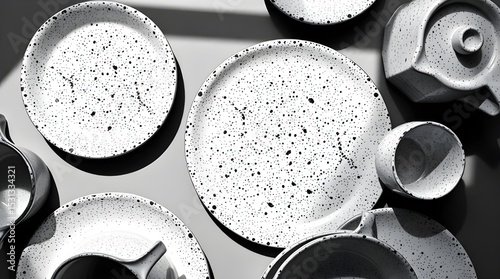 Black and white photograph, top-down view of brown speckled ceramic dinnerware set. Strong hard light, direct harsh shadows, timeless and elegant style 