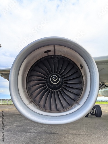 Close-up of airplane turbofan engine with fan blades	