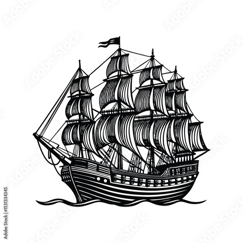 A Vintage engraving-style illustration of a large sailing ship silhouette design.