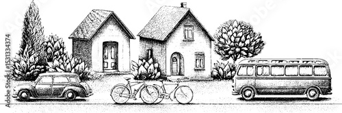 Charming countryside scene with houses, vintage car, bicycle, and bus for design projects