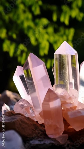 Rose quartz crystals cluster against green foliage with bright sunlight, healing crystal point gems on rocks, holistic energy, gemstone collection