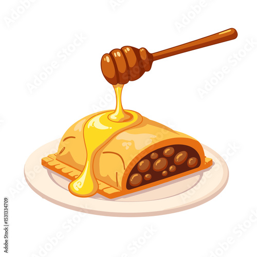 Baklava with honey drizzle vector, plated dessert on transparent background, ideal for culinary presentations
