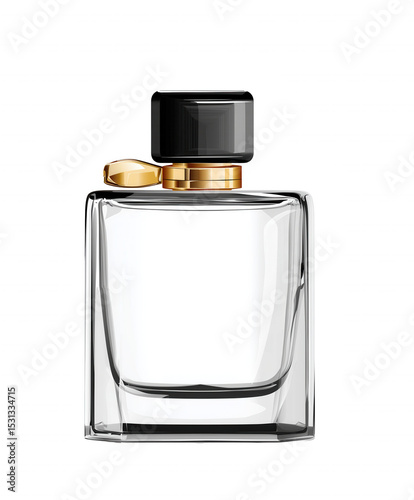 Sleek modern perfume bottle with black and gold cap on transparent background