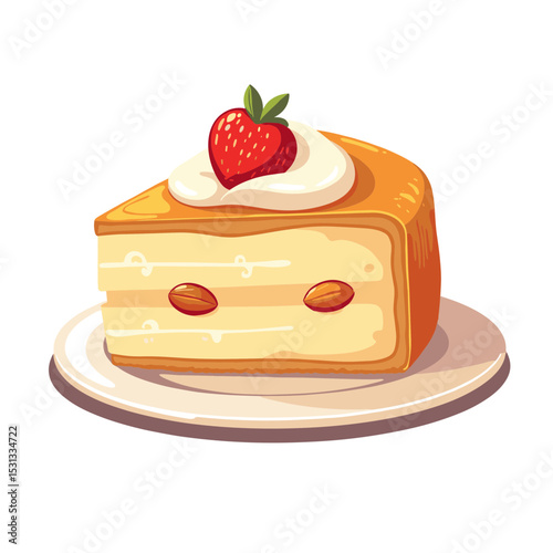 Financier almond cake vector, slice with cream and strawberry on transparent background, ideal for dessert menus, culinary blogs