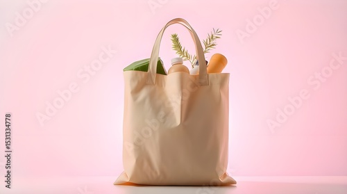 A beige foldable shopping bag filled with groceries, backlit with soft pastel colors creating a gentle silhouette. Light source is behind the bag, emphasizing its form. The overall aesthetic