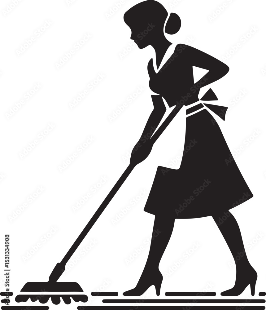 Silhouette of a woman mopping the floor in a dress and heels on a white background design