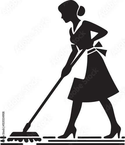 Silhouette of a woman mopping the floor in a dress and heels on a white background design