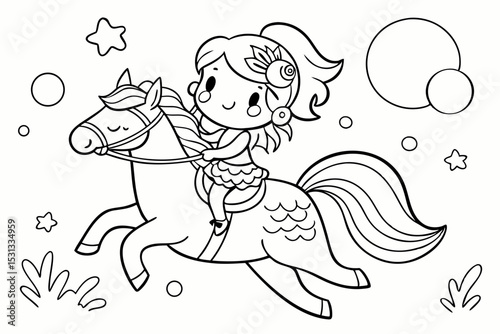 little girl with a horse, coloring page for kids