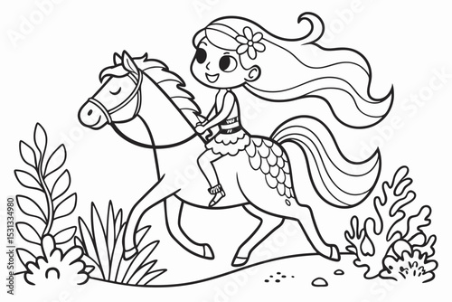little girl with a horse, coloring page for kids