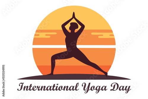 International Yoga Day Vector – Warrior Pose Silhouette at Sunset, Minimalist Motivational Art