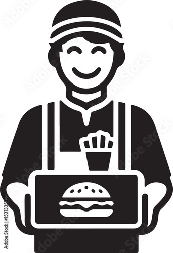 A delivery person holding a tray with a burger and fries in a black and white illustration