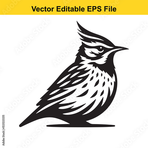 A striking black and white vector illustration of a crested lark