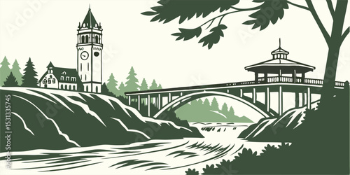 Silhouette of Spokane Featuring Nature Icons and Inland Northwest Charm