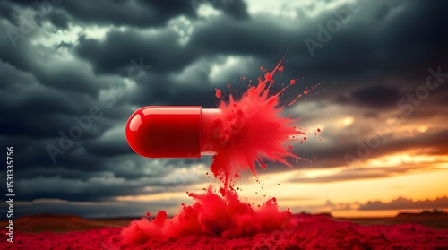 A smooth gradient transition image depicting a red and white capsule exploding with powder against a stormy sky background.  Seamless color blending creates high tension.  