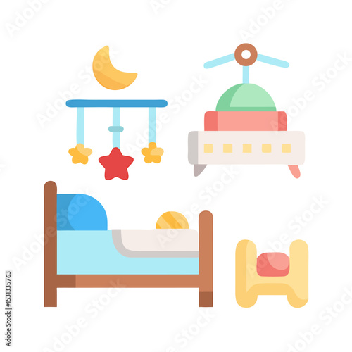 Vector icons Set of  Colorful Baby Room Icons Bed Crib Mobile and Rocket Toy. Vector Illustrations
