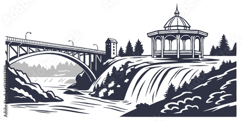 Spokane Skyline Vector with Riverfront Park, Falls, and Pavilion Landmarks