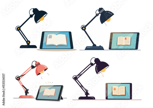 Desk lamp illuminating a digital tablet with open book icon in flat vector illustration