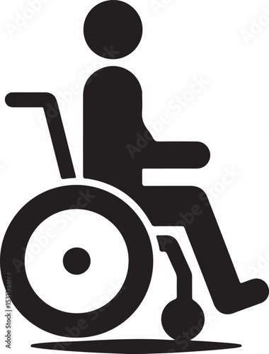 A simple graphic icon depicting a person sitting in a wheelchair on a white background