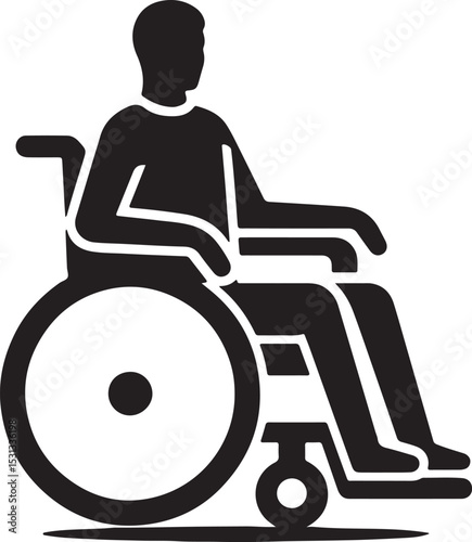A simple black and white graphic of a person sitting in a wheelchair facing to the right