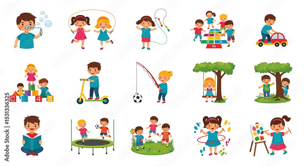 Naklejka premium Vector icons Set of Colorful Children Engaging in Diverse Playful Activities. Vector Illustrations