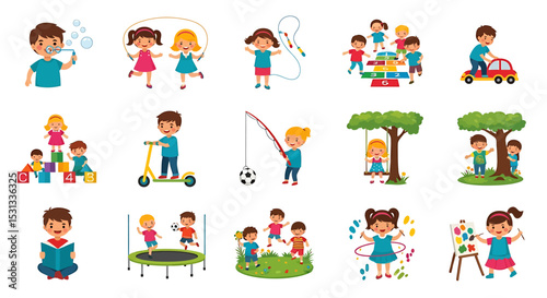 Vector icons Set of  Colorful Children Engaging in Diverse Playful Activities. Vector Illustrations